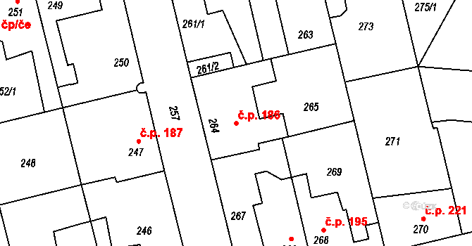 Hřebeč 186 na parcele st. 264 v KÚ Hřebeč, Katastrální mapa