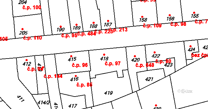 Švermov 97, Kladno na parcele st. 418 v KÚ Motyčín, Katastrální mapa