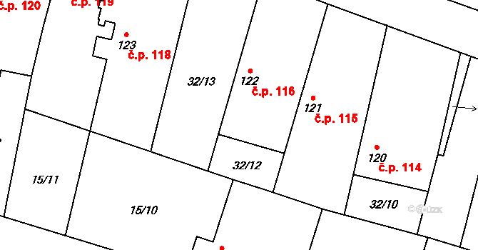 Lovčice 116 na parcele st. 122 v KÚ Lovčice u Nového Bydžova, Katastrální mapa