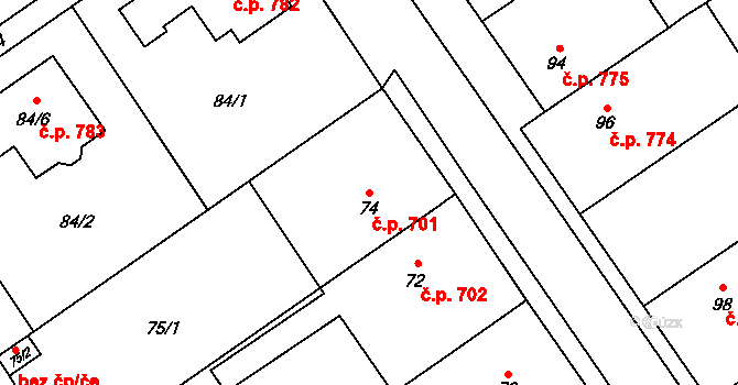 Březce 701, Štěpánov na parcele st. 74 v KÚ Březce, Katastrální mapa