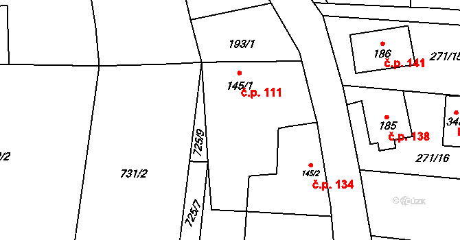 Liběšice 111 na parcele st. 145/1 v KÚ Liběšice u Litoměřic, Katastrální mapa