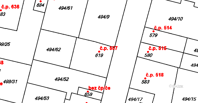 Libochovice 557 na parcele st. 619 v KÚ Libochovice, Katastrální mapa