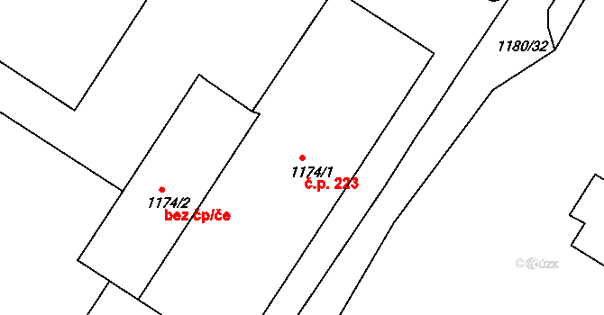Miřetice u Klášterce nad Ohří 223, Klášterec nad Ohří na parcele st. 1174/1 v KÚ Miřetice u Klášterce nad Ohří, Katastrální mapa