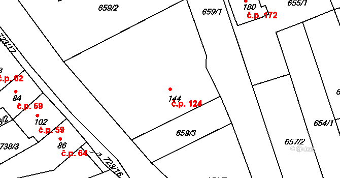 Unčín 124, Krupka na parcele st. 144 v KÚ Unčín u Krupky, Katastrální mapa