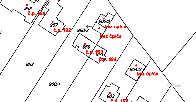 Proboštov 194 na parcele st. 961 v KÚ Proboštov u Teplic, Katastrální mapa