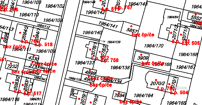 Borovina 758, Třebíč na parcele st. 2078/2 v KÚ Třebíč, Katastrální mapa
