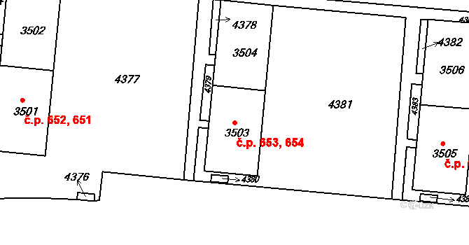 Komín 653,654, Brno na parcele st. 3503 v KÚ Komín, Katastrální mapa