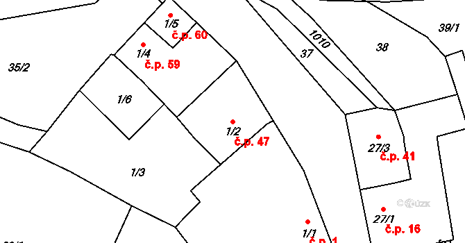 Těšenov 47, Horní Cerekev na parcele st. 1/2 v KÚ Těšenov, Katastrální mapa