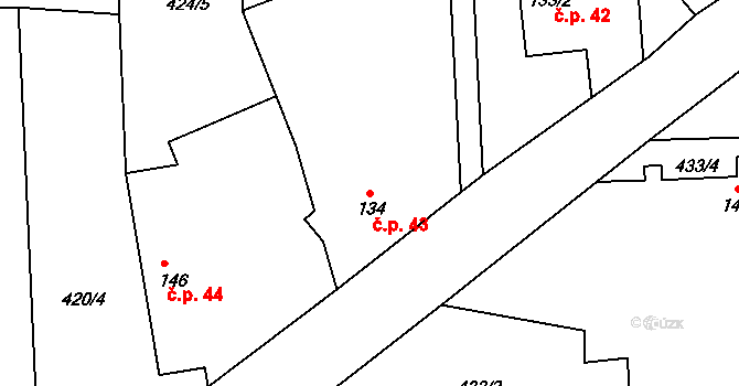 Stračovská Lhota 43, Mžany na parcele st. 134 v KÚ Stračovská Lhota, Katastrální mapa
