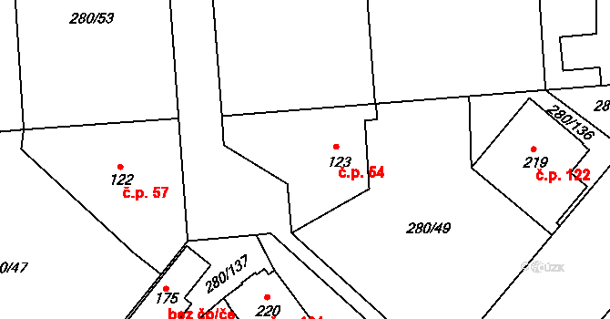 Sadová 54 na parcele st. 123 v KÚ Sadová u Sovětic, Katastrální mapa