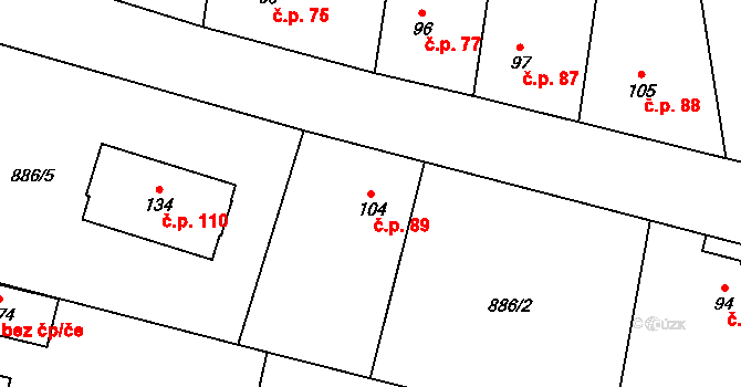 Zavidov 89 na parcele st. 104 v KÚ Zavidov, Katastrální mapa