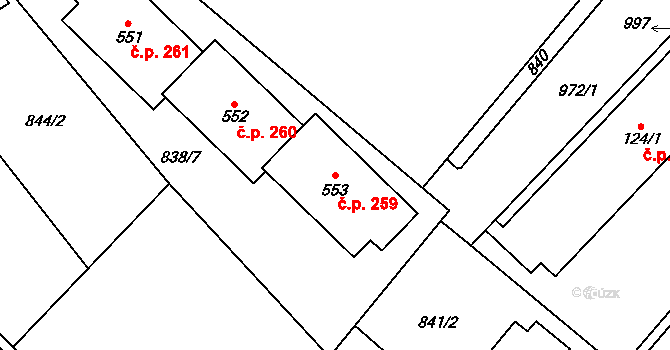 Daliměřice 259,260,261, Turnov na parcele st. 553 v KÚ Daliměřice, Katastrální mapa