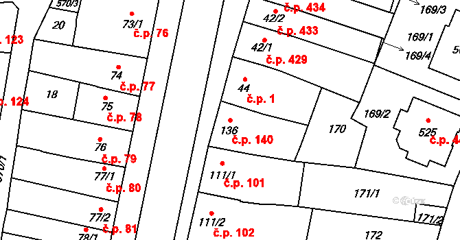 Čechovice 140, Prostějov na parcele st. 136 v KÚ Čechovice u Prostějova, Katastrální mapa