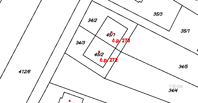 Domamyslice 272, Prostějov na parcele st. 45/2 v KÚ Domamyslice, Katastrální mapa