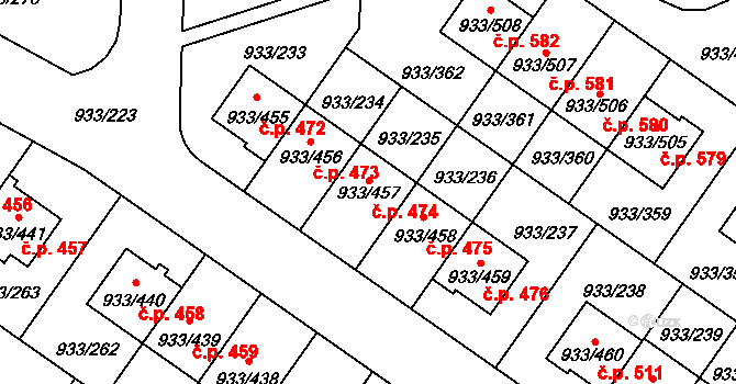 Satalice 474, Praha na parcele st. 933/457 v KÚ Satalice, Katastrální mapa