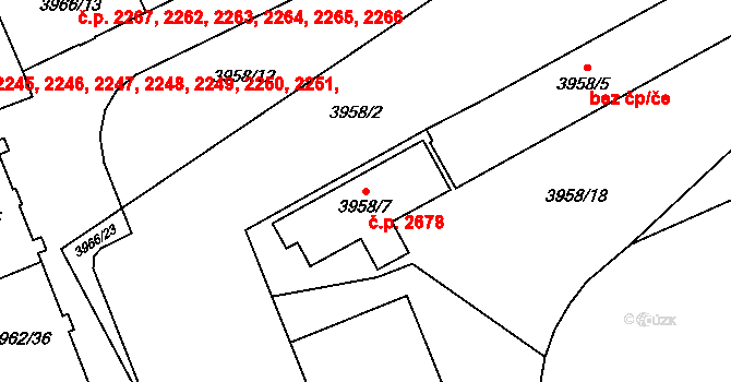Východní Předměstí 2678, Plzeň na parcele st. 3958/7 v KÚ Plzeň, Katastrální mapa