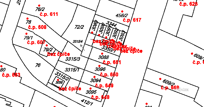 Nový Bydžov 651 na parcele st. 3088 v KÚ Nový Bydžov, Katastrální mapa