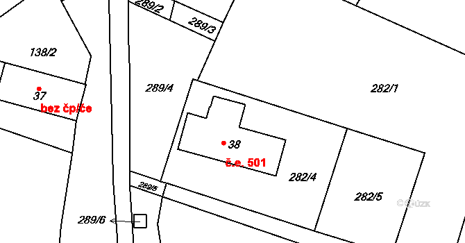 Hrušova Lhota 501, Přehořov na parcele st. 38 v KÚ Hrušova Lhota, Katastrální mapa