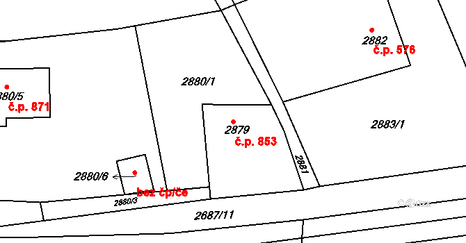 Buchlovice 853 na parcele st. 2879 v KÚ Buchlovice, Katastrální mapa