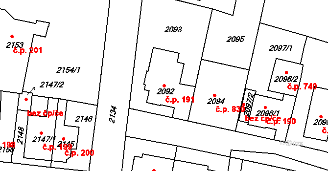Jemnice 191 na parcele st. 2092 v KÚ Jemnice, Katastrální mapa