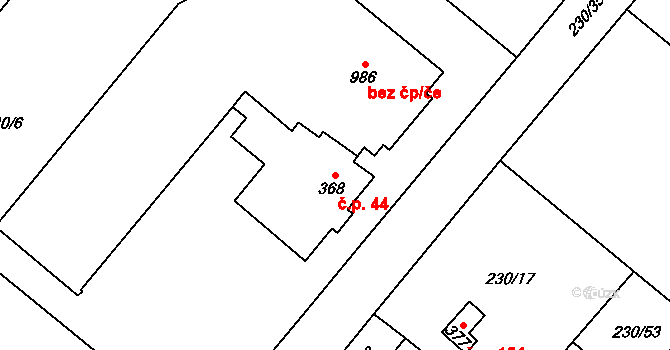 Zlenice 44, Lštění na parcele st. 368 v KÚ Lštění, Katastrální mapa