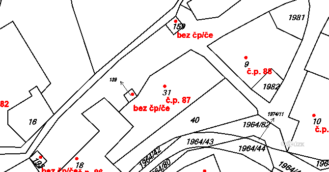 Kladná Žilín 87, Luhačovice na parcele st. 31 v KÚ Kladná Žilín, Katastrální mapa