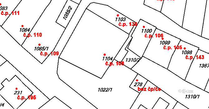Racková 108 na parcele st. 1104 v KÚ Racková, Katastrální mapa