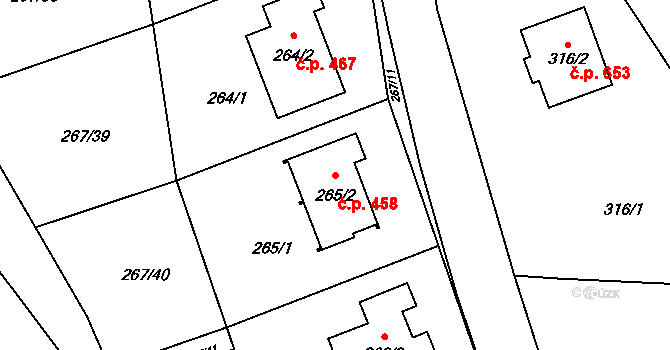 Štípa 458, Zlín na parcele st. 265/2 v KÚ Štípa, Katastrální mapa