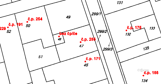 Hrušky 255 na parcele st. 47 v KÚ Hrušky u Brna, Katastrální mapa
