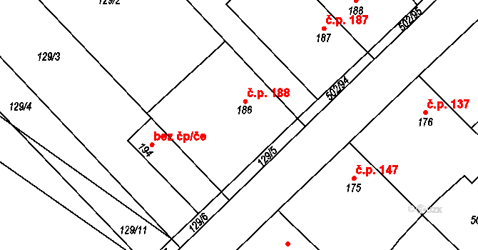 Orel 188 na parcele st. 186 v KÚ Orel, Katastrální mapa
