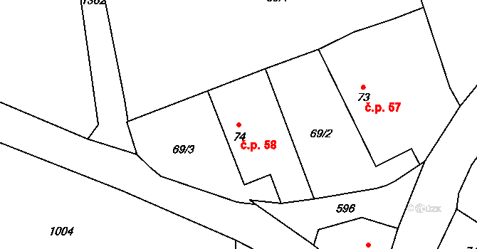 Bousov 58 na parcele st. 74 v KÚ Bousov, Katastrální mapa