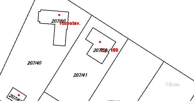 Sobín 169, Praha na parcele st. 207/59 v KÚ Sobín, Katastrální mapa