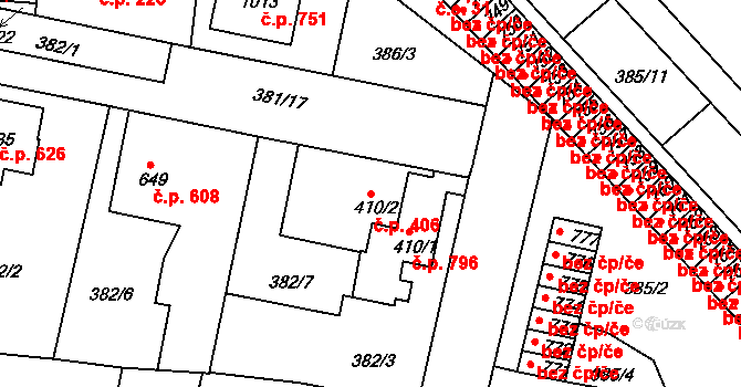 Slatiňany 406 na parcele st. 410/2 v KÚ Slatiňany, Katastrální mapa