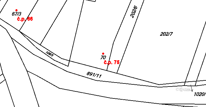 Ptice 75 na parcele st. 70 v KÚ Ptice, Katastrální mapa