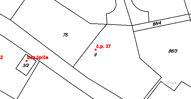 Mokrouše 37 na parcele st. 9 v KÚ Mokrouše, Katastrální mapa