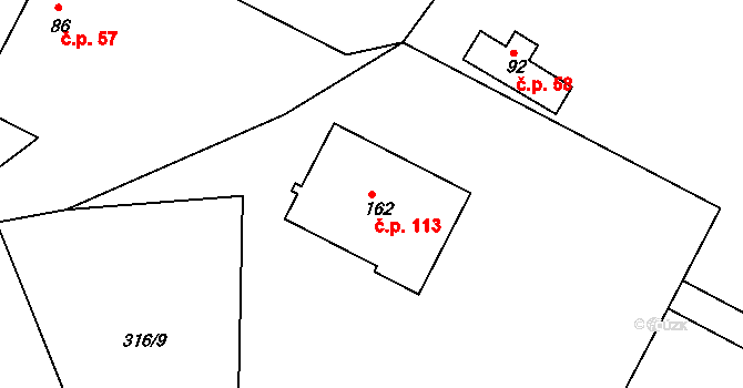 Velký Třebešov 113 na parcele st. 162 v KÚ Velký Třebešov, Katastrální mapa