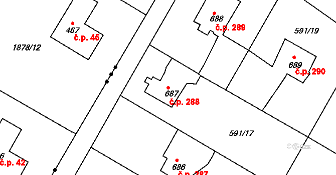 Broumov 288 na parcele st. 687 v KÚ Broumov, Katastrální mapa