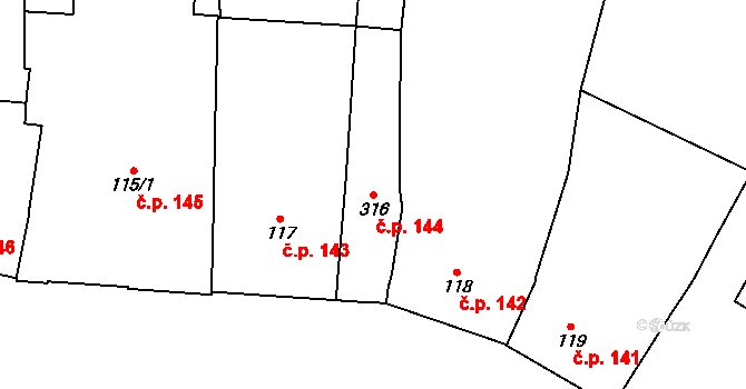 Lysice 144 na parcele st. 316 v KÚ Lysice, Katastrální mapa
