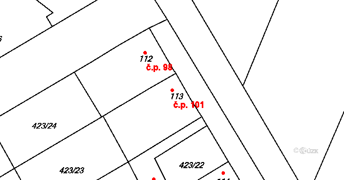 Břvany 101 na parcele st. 113 v KÚ Břvany, Katastrální mapa