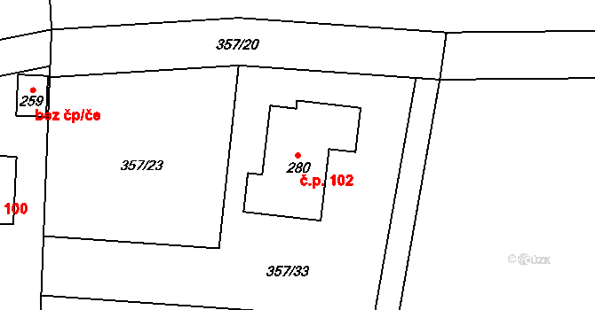 Jizbice 102 na parcele st. 280 v KÚ Jizbice u Nymburka, Katastrální mapa