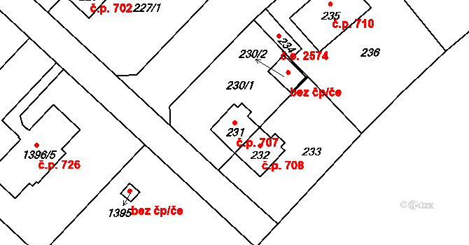 Trmice 707 na parcele st. 231 v KÚ Trmice, Katastrální mapa
