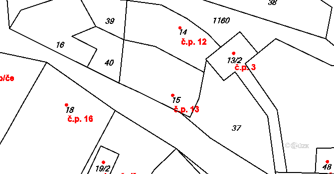 Bartoušov 13 na parcele st. 15 v KÚ Bartoušov, Katastrální mapa