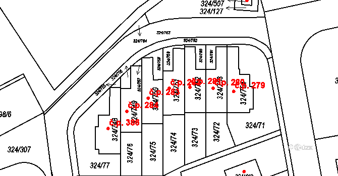 Levín 282, Králův Dvůr na parcele st. 324/751 v KÚ Levín u Berouna, Katastrální mapa