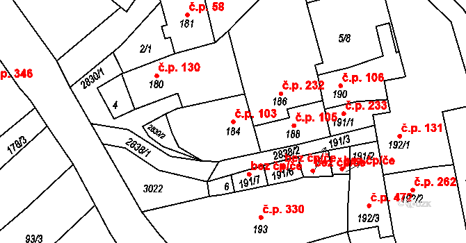 Štoky 103 na parcele st. 184 v KÚ Štoky, Katastrální mapa