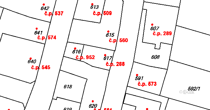 Kostelec nad Orlicí 288 na parcele st. 617 v KÚ Kostelec nad Orlicí, Katastrální mapa