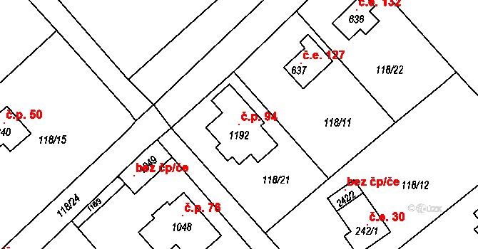 Javorník 94, Čtyřkoly na parcele st. 1192 v KÚ Čtyřkoly, Katastrální mapa