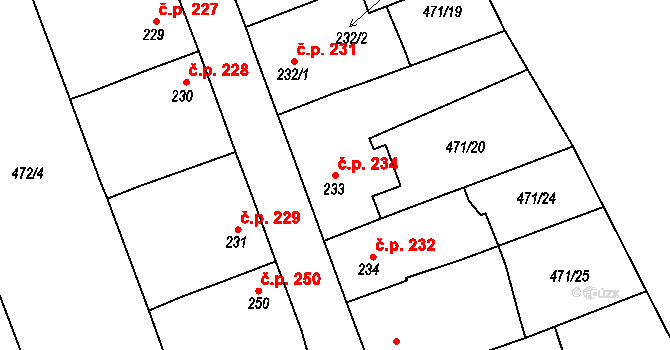 Chotěšov 234 na parcele st. 233 v KÚ Chotěšov, Katastrální mapa