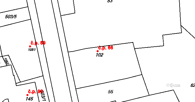 Chvalovice 66, Kovanice na parcele st. 102 v KÚ Chvalovice u Nymburka, Katastrální mapa