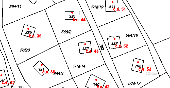 Bedřichov 43 na parcele st. 382 v KÚ Bedřichov u Jablonce nad Nisou, Katastrální mapa
