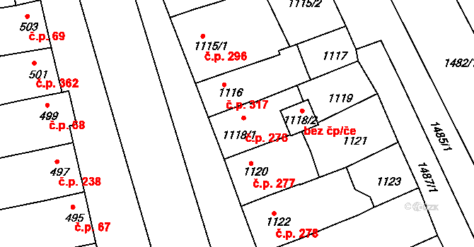 Prušánky 276 na parcele st. 1118/1 v KÚ Prušánky, Katastrální mapa